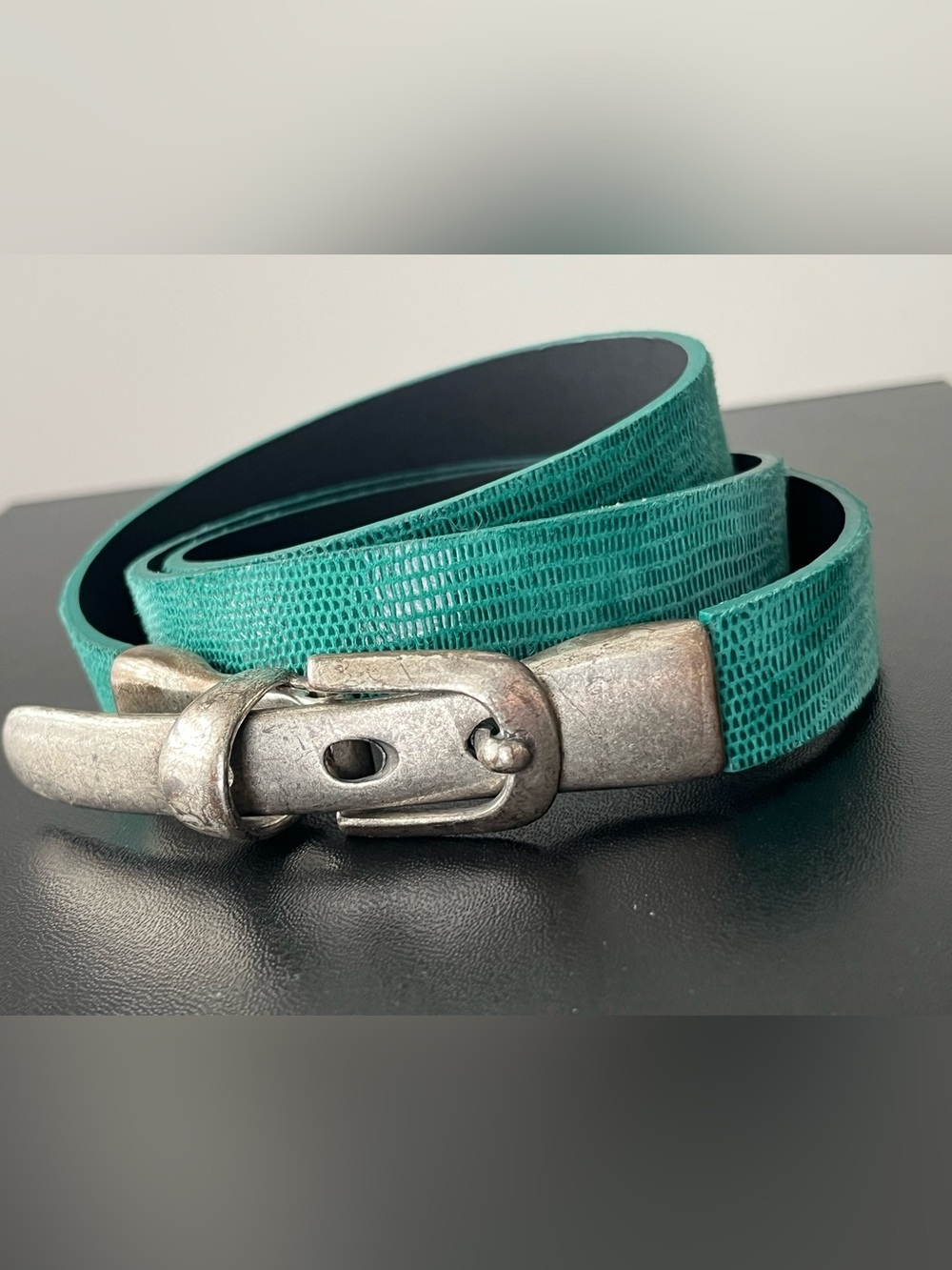 Retro Mexx Teal Reptile-Texture Real Leather Belt Sz L